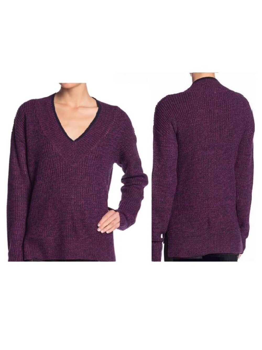 John & Jenn Sweater V-Neck Oversized Knit Sweater size M Medium Purple/Navy Blue